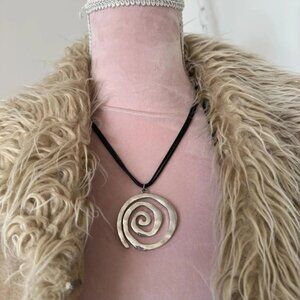 Silver Spiral Pendant Necklace Black Cord Boho Indie Y2K Statement